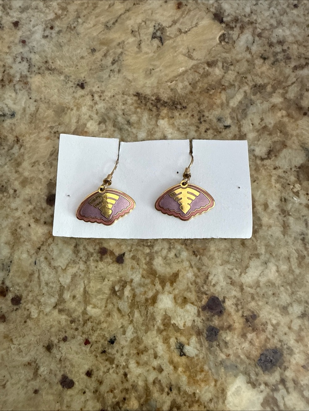 Laurel Burch Gold and Lavender 22 KT GP Cloisonné Tribal Butterfly Hook Earrings